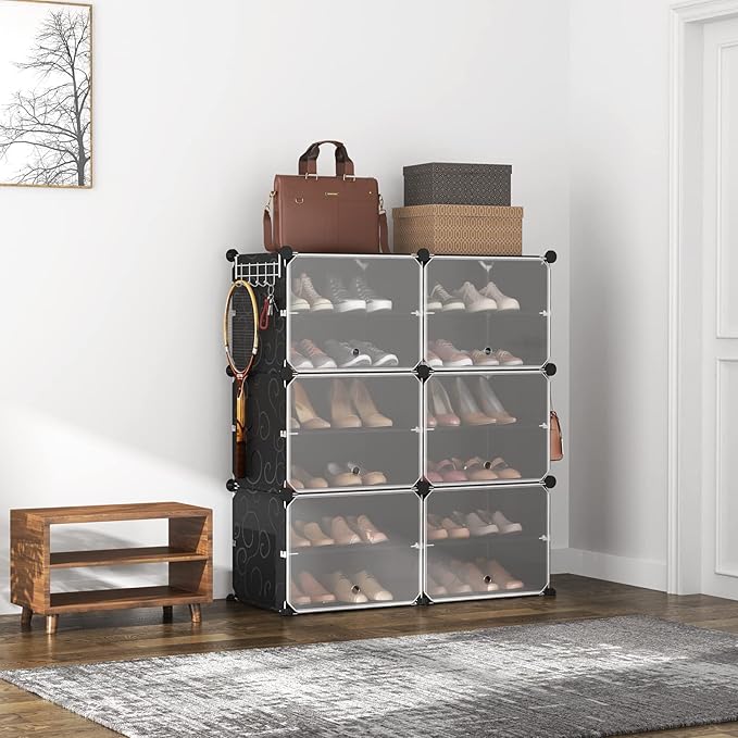 ROJASOP 6-Tier 24-Pair Expandable Shoe Rack Organizer with 2 Hooks, Black