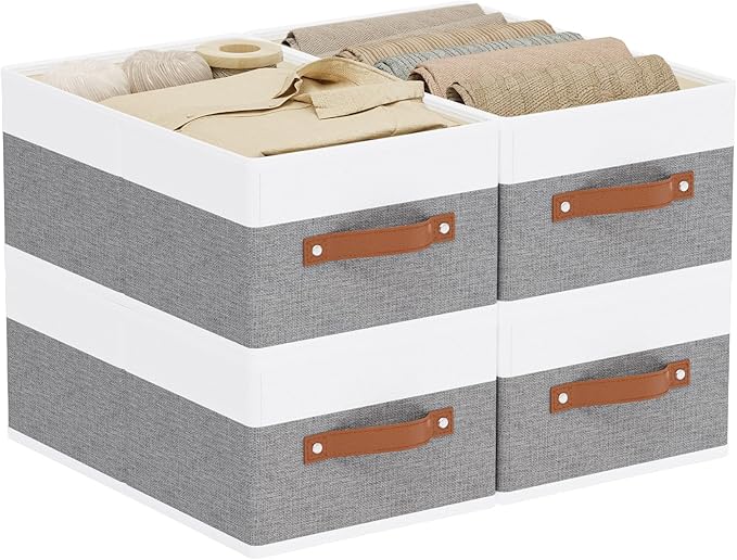 Storage Boxes, 16.1 × 9.8 × 6.5 Inch Storage Baskets with Handles, Fabric Cube Organizer Bins for Shelves Bedroom Laundry, Wh