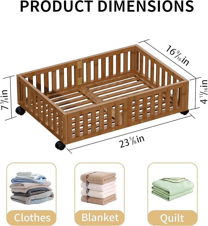 Bamboo Under Bed Storage with Wheels,Rolling Underbed Shoe Organizer Box for Shoes,Blankets,Toys,Clothes Container Space-Savi