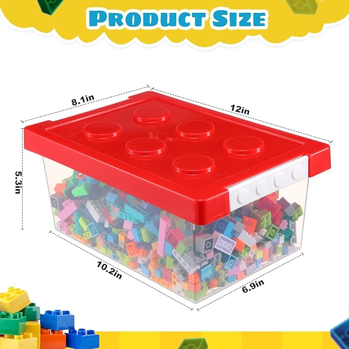 Vicenpal 4 Pack Toy Storage Containers with Lids Brick Shaped Kids Toy Organizer Box Plastic Clear Stackable Bin Chest for Bu
