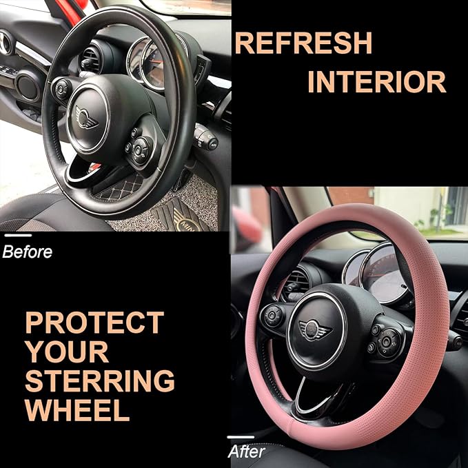 PINCTROT Nappa Leather Steering Wheel Cover, Slim Fit No Bulk Design, One Piece Leather with Breathable Perforation, Fit Like