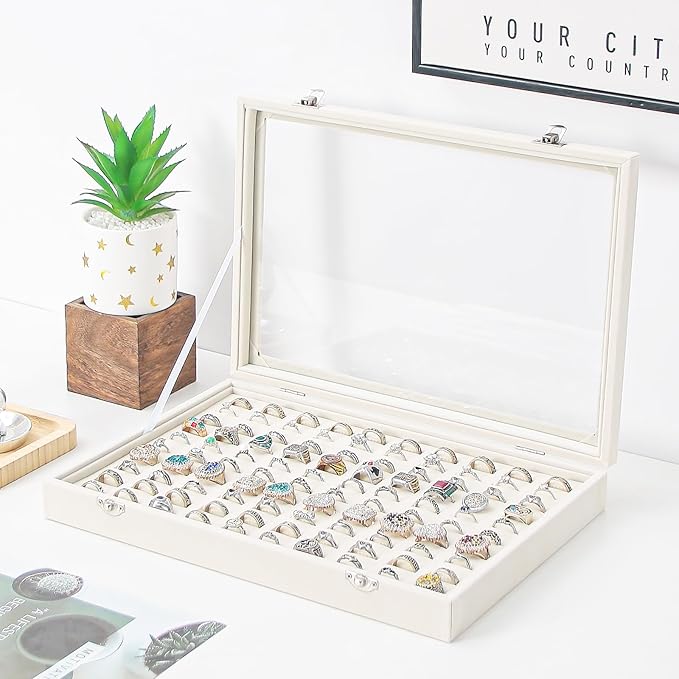 Coward Ring Organizer Jewelry Box, Beige Velvet 100 Slots Ring Display Tray Case with Transparent Glass Lid for Home Use or S