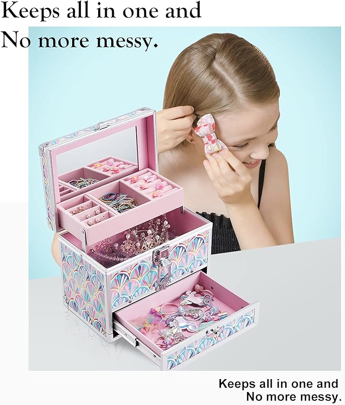 Hododou Girls Jewelry Box Organizer with Drawer & Mirror, Mermaid Tail Style Lockable Storage Case for Kid or Little Girls Je