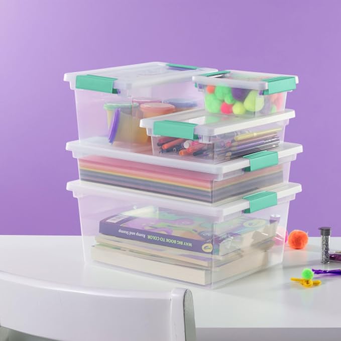 Sterilite 4-Pack Clip Box, Stackable Clear Plastic Bins with Latching Lids, Deep - Writing, Arts or Crafts Supplies Storage C