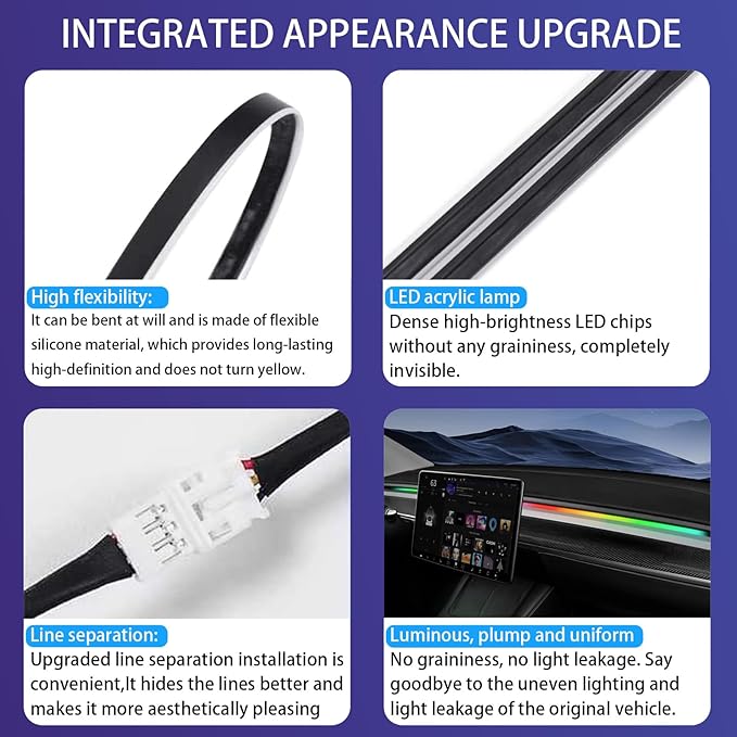 LED Car Ambient Lighting Strip for Tesla High Brightness with APP Control Multiple Colors and Car LED Strip Lighting Neon Lights for Model 3/Y (Dashboard& Center Console& 4 Floor Light)