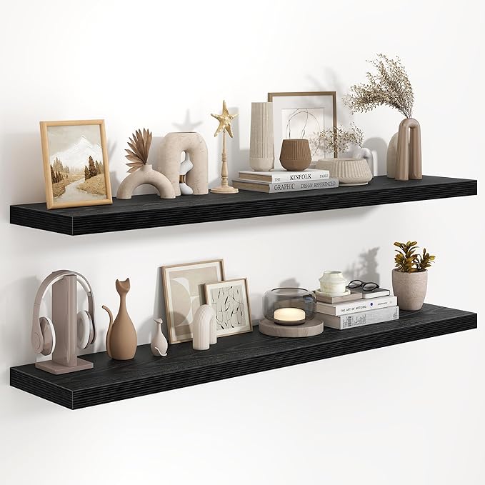 Fun Memories 55 Inch Floating Shelves in Black, 9.3 Inch Deep Floating Shelf for Bathroom Living Room Kitchen, Rusitc Wall Mo
