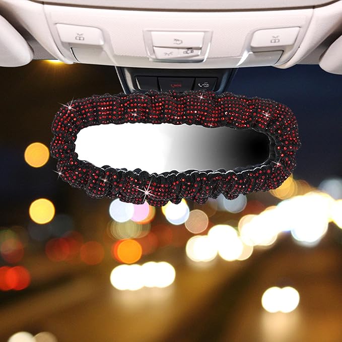 Bling Car Rearview Mirror Cover with Crystal Rhinestones Women's Full Drill Head Pillow Cover Interior Accessories - Universal Fit, Red