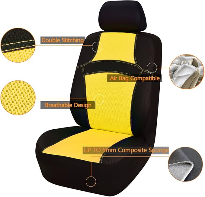 CAR PASS Universal 13PCS 3D Air Mesh-100% Breathable Seat Covers Full Sets Steering Wheel&Belt Cover Airbag and Rear Split Bench Compatible for 90% Automotive SUV Truck Cute Women Black Yellow