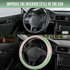 PIC AUTO Steering Wheel Cover, Pink Patterned & Green Leather Patchwork Design, Universal Fit 14.5"–15.5", Anti-Slip, Odor-Fr
