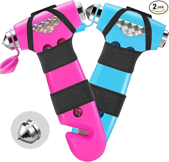 2 Pack Car Safety Hammer, 3-in-1 Emergency Escape Tool Window Breaker and Seat Belt Cutter with Light Reflective Tape for Fam