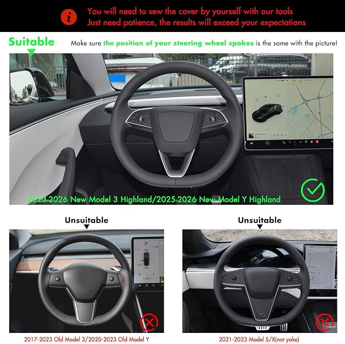 MEWANT Hand Stitched Matte Carbon Real Leather Steering Wheel Cover Wrap for Tesla Model 3 Highland 2023 2024 2025 Steering Wheel Accessories Black Thread