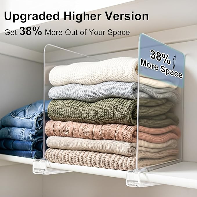 SortNStore Shelf Dividers Purse Organizer for Closet: 11-inch Tall(Extra Tall) Acrylic Sweater Organizer - Upgraded Extra Hei