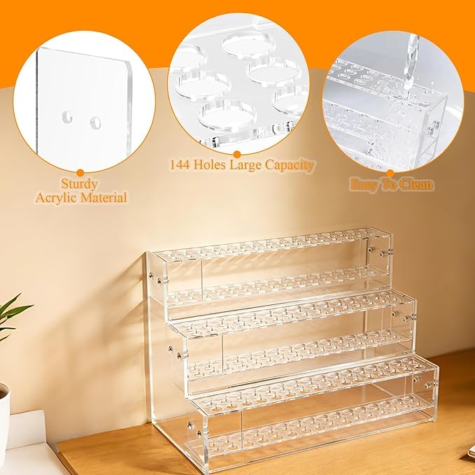144-Slots Pen Holder for Craft Shows,3-Tier Acrylic Pen Display Stand Holders for Vendors,12mm Beadable Pens Display Beaded P