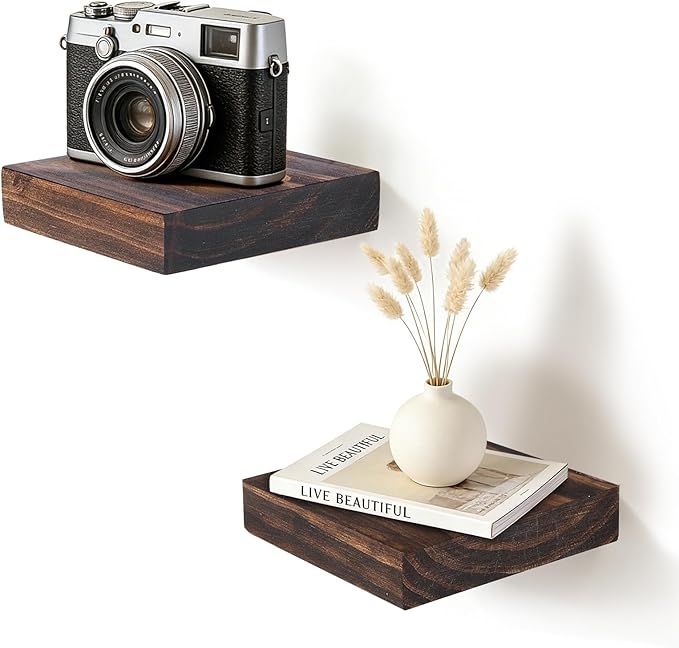 Floating Wall Shelves 6.8x6.8x1.7 Inch – Solid Wood Square Shelves in Walnut Finish – Rustic Mini Display Shelves for Entrywa