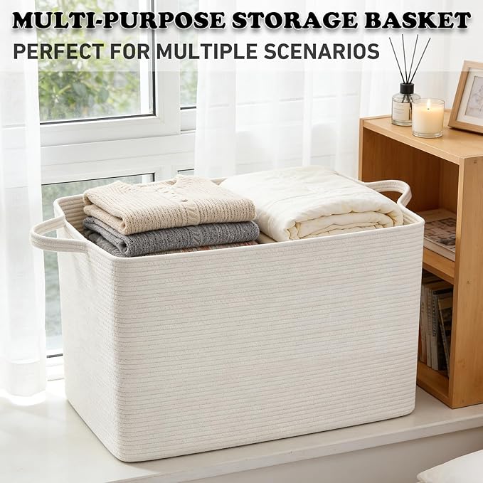 96L Large Blanket Basket,24"x16"x15"Rectangle Storage Bin with Handles,Woven Rope Laundry Basket for Toys, Clothes,Magazines,