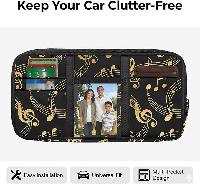 Musical Notes Car Sun Visor Storage Bag, Auto Interior Accessories Pocket Organizer, Multi-Pocket Visor Organizer Storage Pouch Fits Most Vehicles
