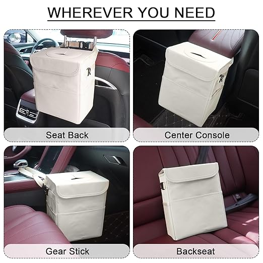 Car Trash Can Bin with Lid - Collapsible Car Garbage Can with Storage Pockets-Beige Mini Leakproof Vehicle Trash Bag-Small Automotive Organizers and Storage for Back/Front Seat SUV Truck Accessories