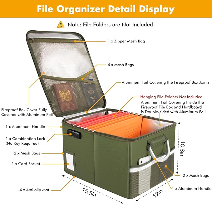 TOMKID 5200°F Fireproof Document Box, Fire Important Document Organizer with Lock, Upgraded Heat Insulated Filing Storage Cab