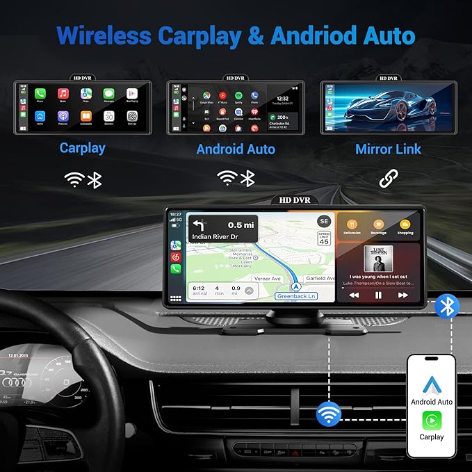 Wireless Apple Carplay Screen for Car with 4K Dash Cam, 10.26" Portable Apple Carplay & Android Auto, HD Touchscren with 1080