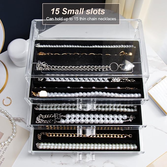 YUFONG Necklace Holder Organizer, Dustproof Necklace Box Velvet Necklace Organizer Box with Lid Clear Acrylic Dustproof Stack