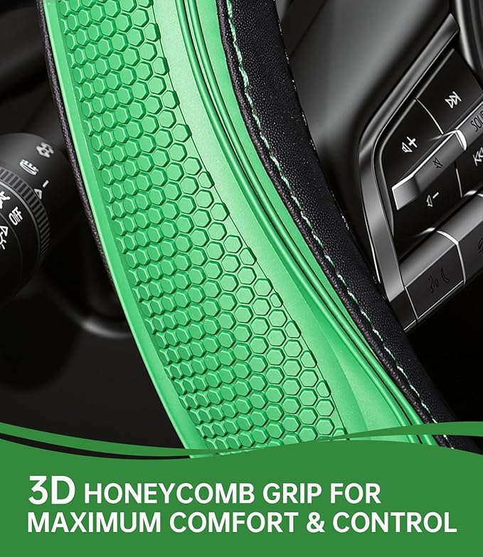 XCBYT Steering Wheel Cover - Green Leather Steering Wheel Wrap Great Grip with 3D Honeycomb Quick and Effortless Installation