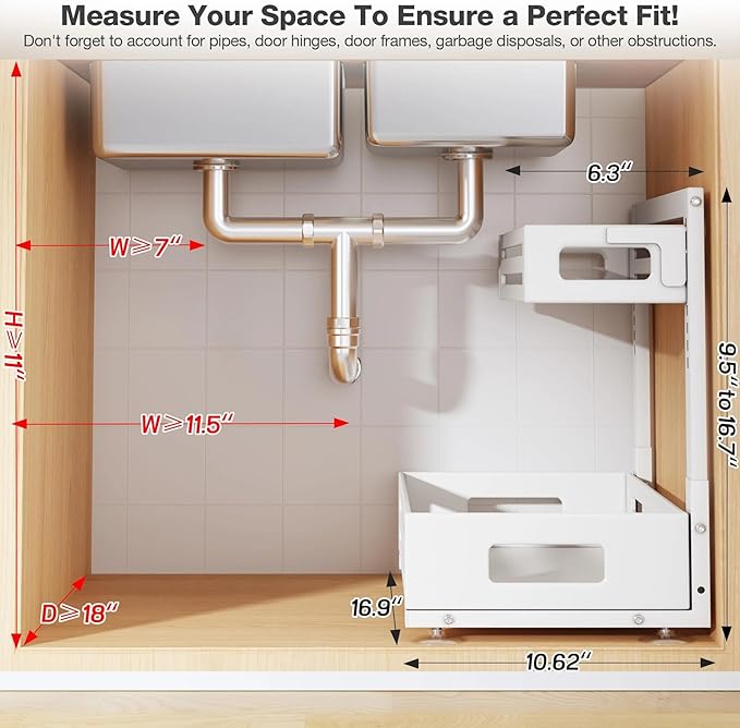 2 Pack 17IN-Depth Under Sink Organizer,Pull Out Cabinet Organizer With Smooth Cylindrical Rail,Metal Slide Out Drawer for Kit