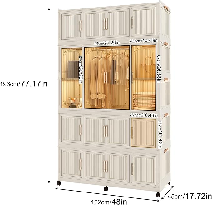 Portable Wardrobe Closet Storage Organizer for Clothes, Clothes Dresser, 12 Magnetic Doors-12 Cubes & 2 Hanging Rod,16 pcs Ha