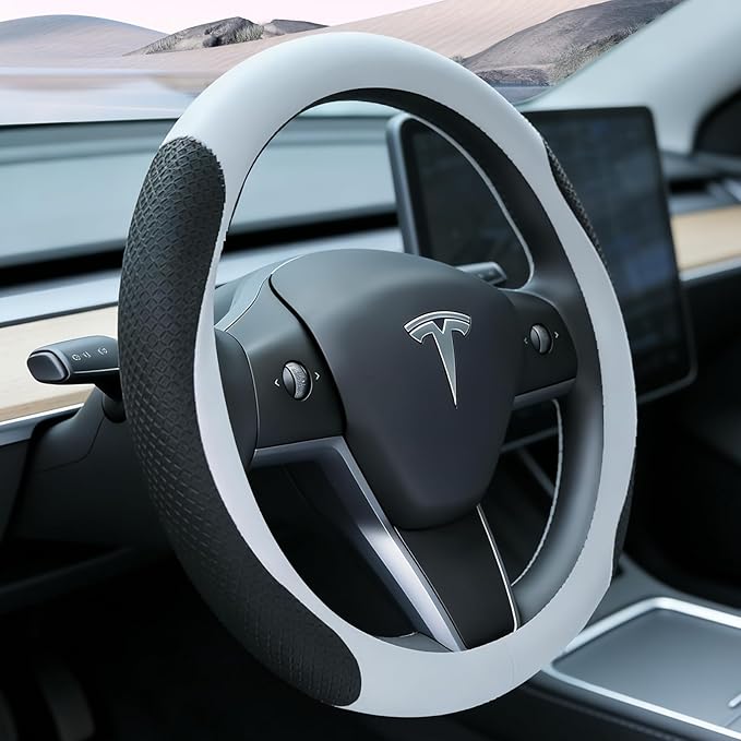 White Tesla Nappa Leather Steering Wheel Cover, Model 3/Y Accessories, Comfort Grip, Anti-Slip Breathable, Compatible with Te