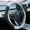 White Tesla Nappa Leather Steering Wheel Cover, Model 3/Y Accessories, Comfort Grip, Anti-Slip Breathable, Compatible with Te