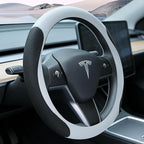 White Tesla Nappa Leather Steering Wheel Cover, Model 3/Y Accessories, Comfort Grip, Anti-Slip Breathable, Compatible with Te