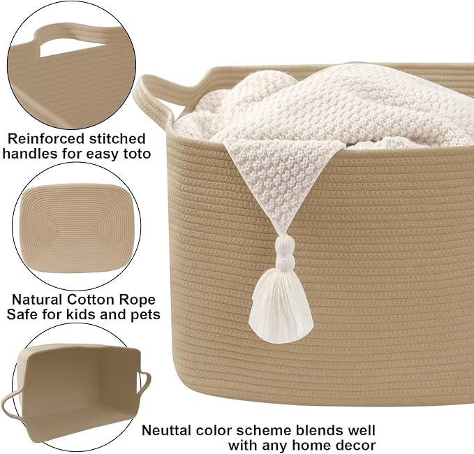 96L Large Blanket Basket,24"x16"x15"Rectangle Storage Bin with Handles,Woven Rope Laundry Basket for Toys, Clothes,Magazines,