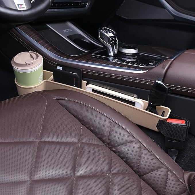 Car Seat Gap Filler, Multifunctional Seat Side Gap Filler with Cup Holder & Organizer, Gap Stopper Universal Fit Car SUV Truck Fill The Gap Between Seat & Console Set of 2 (Beige)