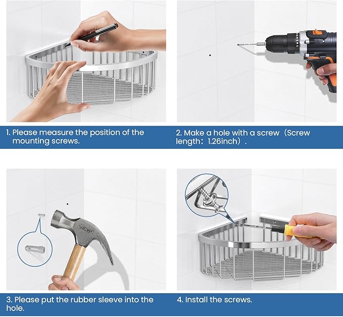 Shower Basket Brushed Stainless Shower Corner Shelf, 304 Caddy Stainless Steel Rustproof, Organizer Wall Mounted Basket(Inclu