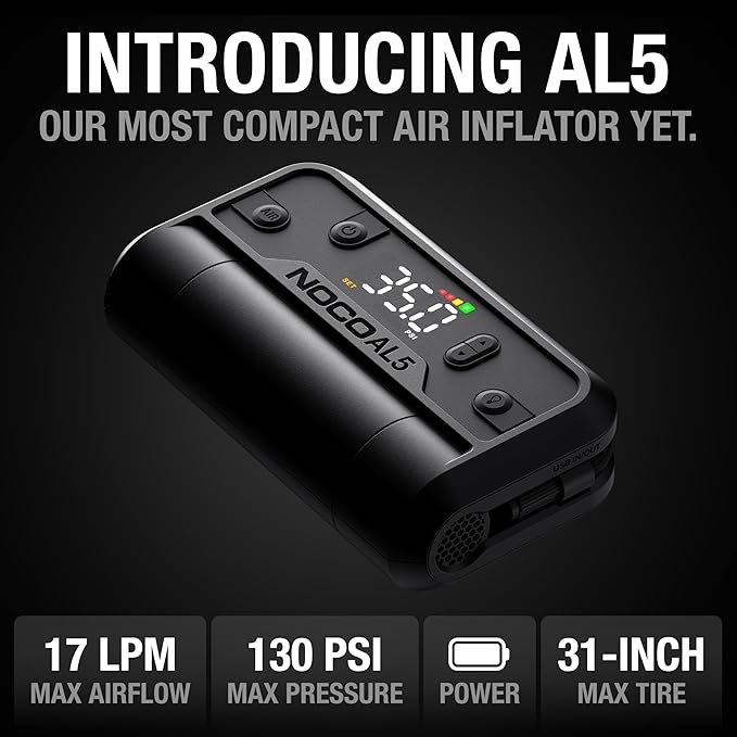 NOCO Air AL5: Cordless Tire Inflator – Portable Rechargeable Air Compressor with USB-C – 17 LPM Inflates 0–40 PSI in 7 Minutes – Digital Gauge + Auto-Shutoff – For Tires up to 31-Inches