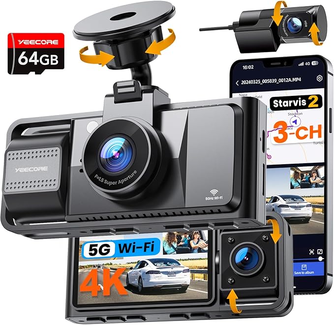 Real 4K 3 Channel Dash Cam Front and Rear Inside, STARVIS 2 HDR Sensor, 5.8GHz Wi-Fi GPS G-Sensor, 4K+1080P+1080P Dash Cam, 6