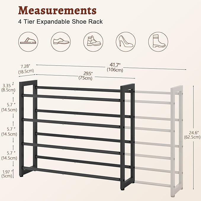 FAVOOSTY 4-Tier Expandable Shoe Rack, Adjustable Shoe Shelf Storage Organizer Space Saving Metal Free Standing Shoe Rack for 