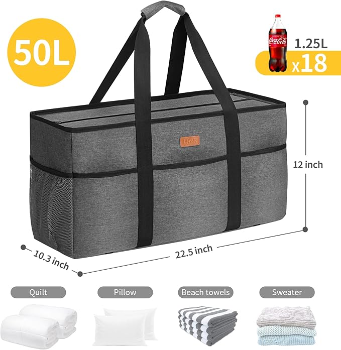LHZK Stand Up Extra Large Utility Tote Bag with Lid, Utility Tote Bag with Metal Wire Frame and the Sides Rinforced, Reusable