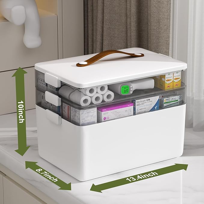 JOYBOS 3-Tier Medicine Storage Box Cabinet, Empty First Aid Kit Portable Medical Supply Organizer with Leather Handle for Hom