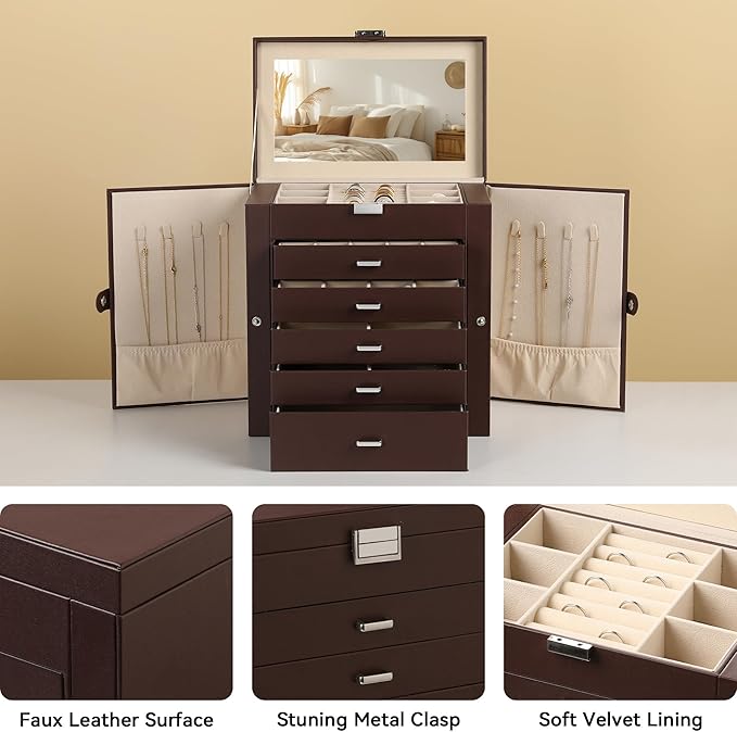 Frebeauty Large Jewelry Box,6-Tier PU Leather Jewelry Organizer,Multi-functional Storage Case with Mirror,Accessories Holder 