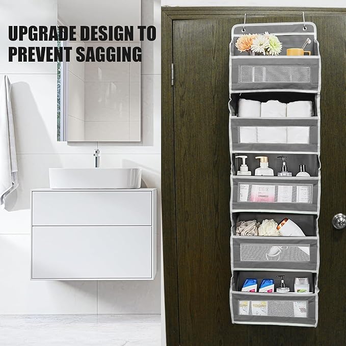 5-Tier Hanging Door Storage Rack Includes 5 shelves and 5 side mesh pockets Multi-compartment design Holds up to 44 lbs Ideal