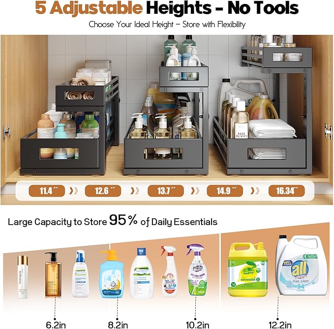 2-Pack 17"Deep Under Sink Organizer And Storage, 2-Tier L-Shaped Pull Out Cabinet Organizer with Upgraded Slide Rails, Height