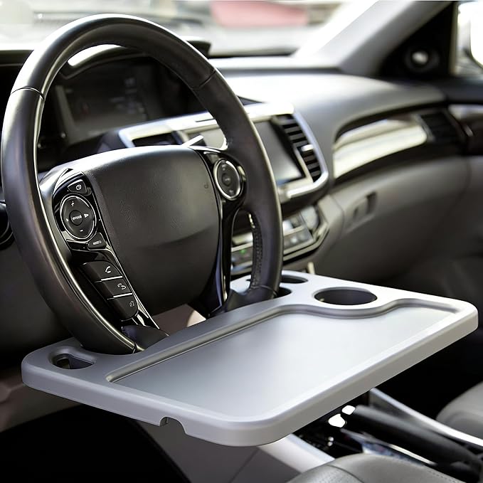 Car Steering Wheel Desk,Steering Wheel Tray, Lightweight Food Drink Table for Car, Hook on Car Steer Wheel Table Tray Fit for Most Vehicles (Grey)