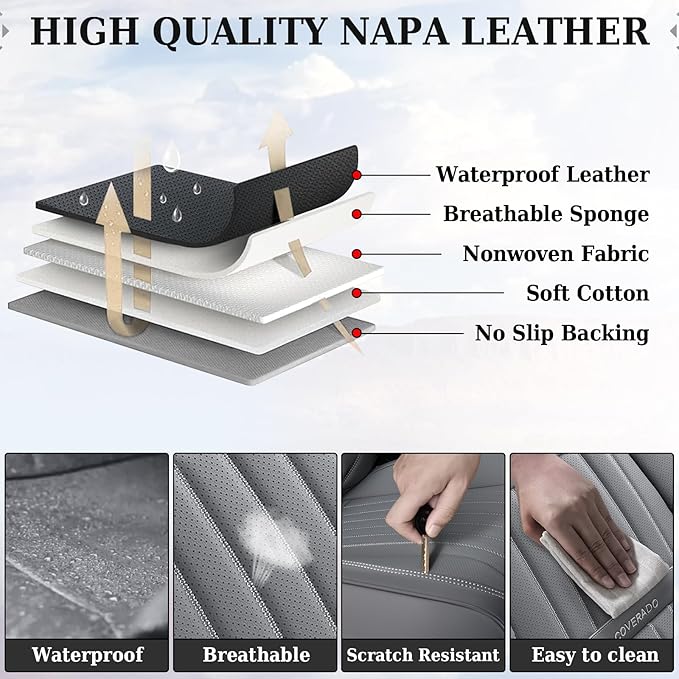 Coverado Car Seat Covers Full Set, Gray Car Seat Cover, Seat Covers for Cars, Waterproof Car Seat Protector, 5 Pieces Nappa C