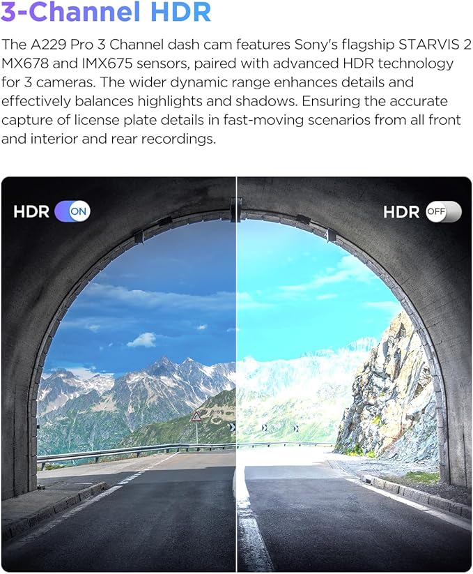 VIOFO A229 Pro 3 Channel 4K HDR Dash Cam, Dual STARVIS 2 Sensors IMX678 & IMX675, 4K+2K+1080P Front Inside and Rear Triple Ca