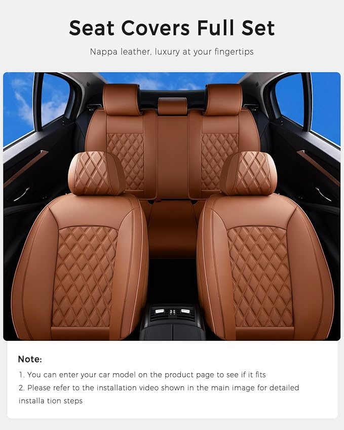 Huidasource Brown Seat Covers, Nappa Leather Car Seat Covers, Velcro Adjustable, Compatible with Airbags, Armrests, Child Sea