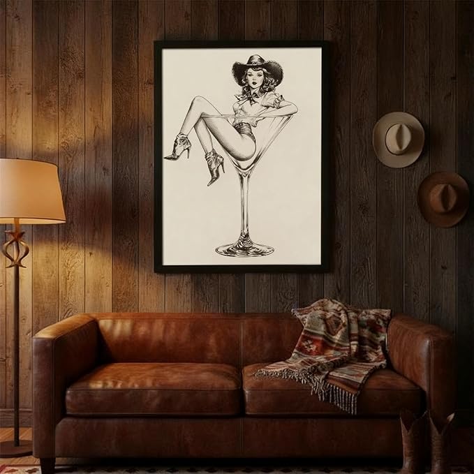 Vintage Western Black Framed Wall Art Coquette Cowgirl Martini Posters Prints 8x10 in Retro Bar Cart Cocktail Artwork Aesthet