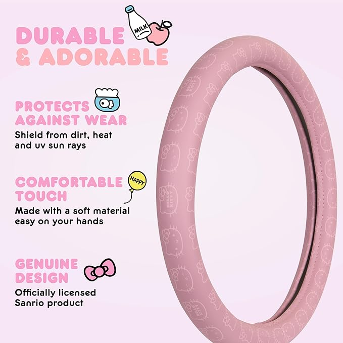 Sanrio Hello Kitty Pink Car Steering Wheel Cover, Universal Fit Cute Car Accessories for Women Stylish Decor Gifts Hello Kitty Accessories - Fits Standard Wheels 14.5"-15"