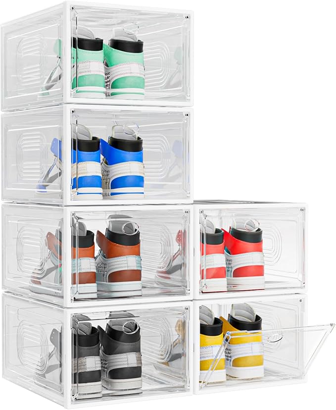 caktraie 6 Pack Thicken Shoe Organizer Stackable,Upgraded Sturdy Shoe Storage Box with Magnetic Door,Shoe Containers for Snea