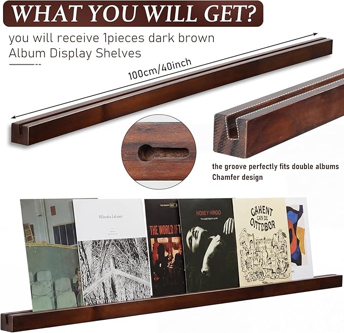 Pinkunn 3 Pcs 40 Inches Vinyl Wall Mount Record Display Shelf, Extra Long Wood Vinyl Record Holder, Album Display Holder Floa