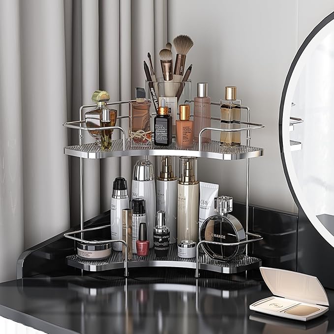 FOLLOWIN 2 Tier Bathroom Countertop Corner Organizer,Countertop Perfume Tray,Vanity Counter Shelf,Skincare Makeup Cosmetic Va